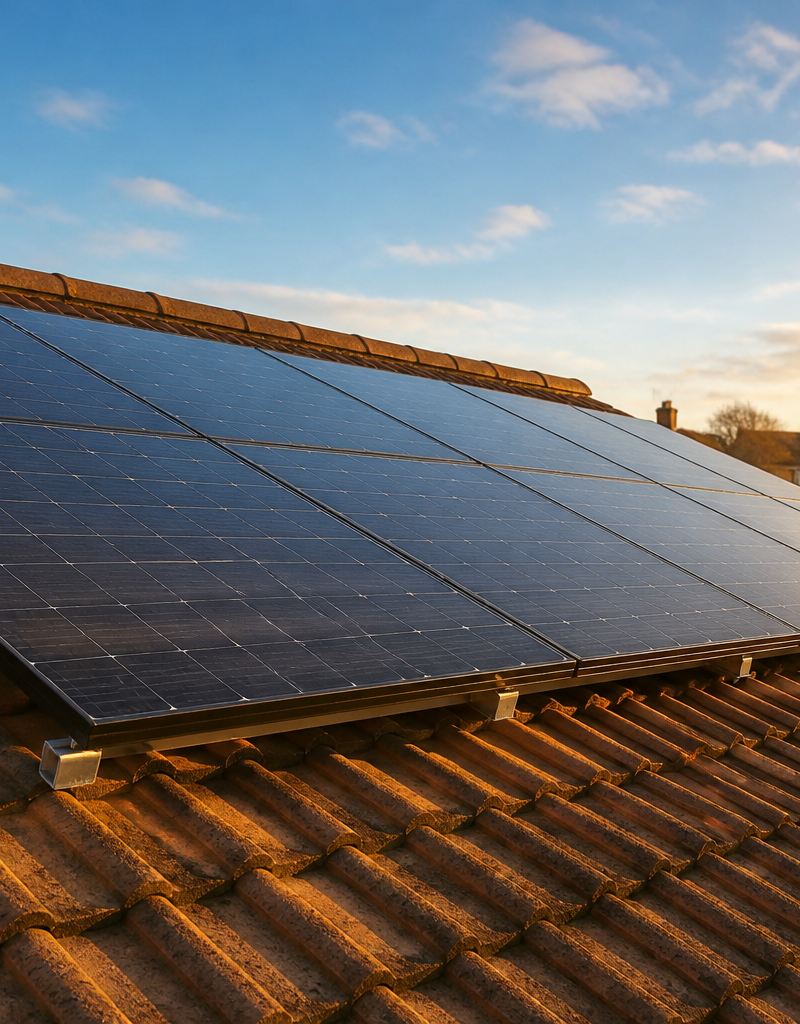 Solar PV array installed on a UK home roof showing ventilation gap below panels