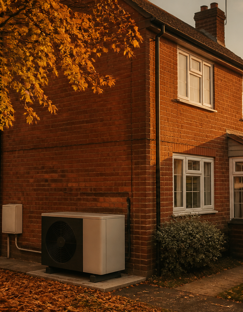External wall of a UK house showing a gas meter box and a newly installed air source heat pump.