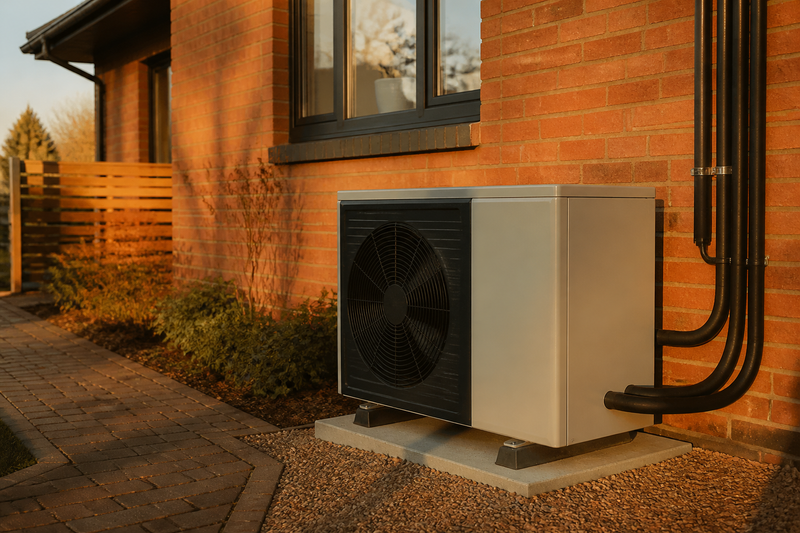 An air source heat pump unit installed neatly against the brick exterior wall of a UK residential property.