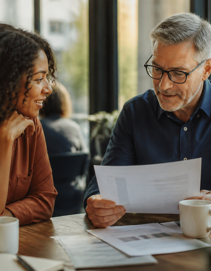 Two UK HR professionals seated at a table discussing workplace reward options in a bright office.