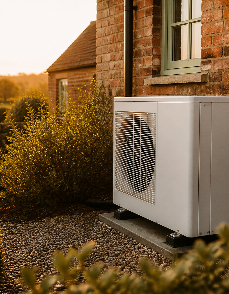 An air source heat pump outdoor unit installed outside a rural house in the UK.