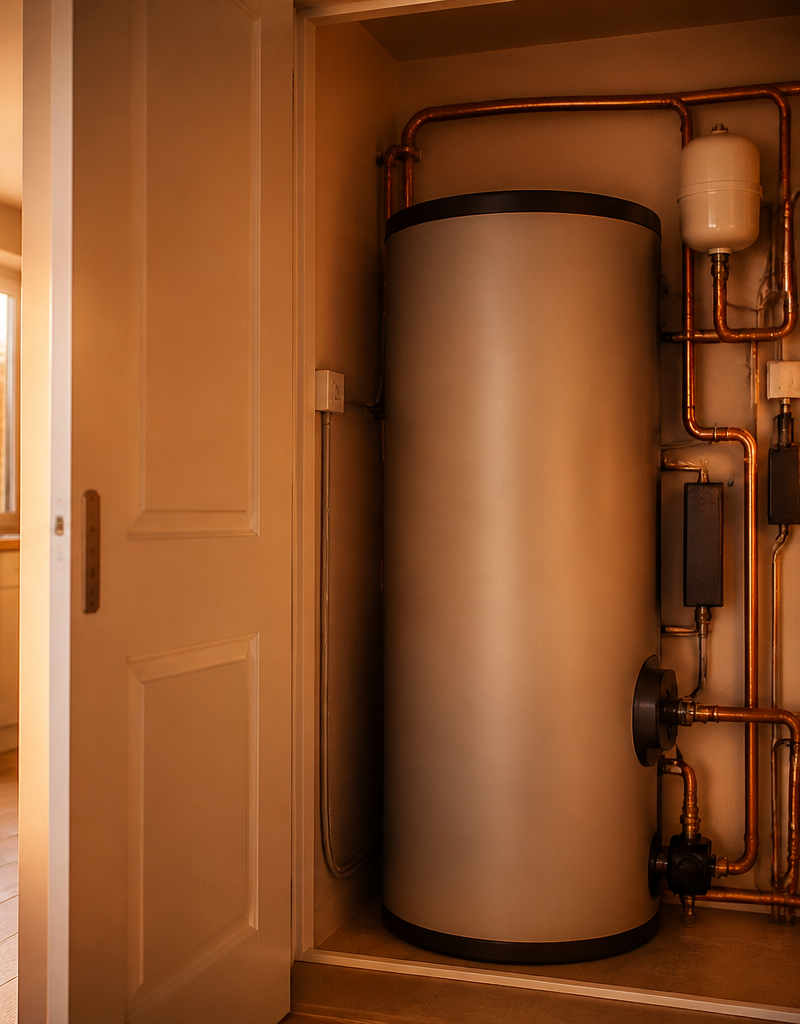 A phase-change thermal heat battery installed inside a UK utility cupboard with copper pipe connections.