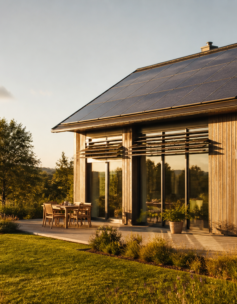 Modern UK eco home with rooftop solar panels, timber cladding, and triple-glazed windows.