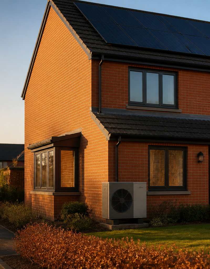 Rooftop solar panels and an outdoor heat pump installed on a modern UK domestic home.