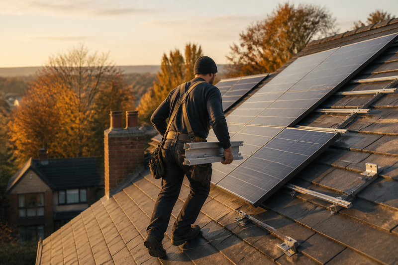 Solar panel installer working on a UK home roof.