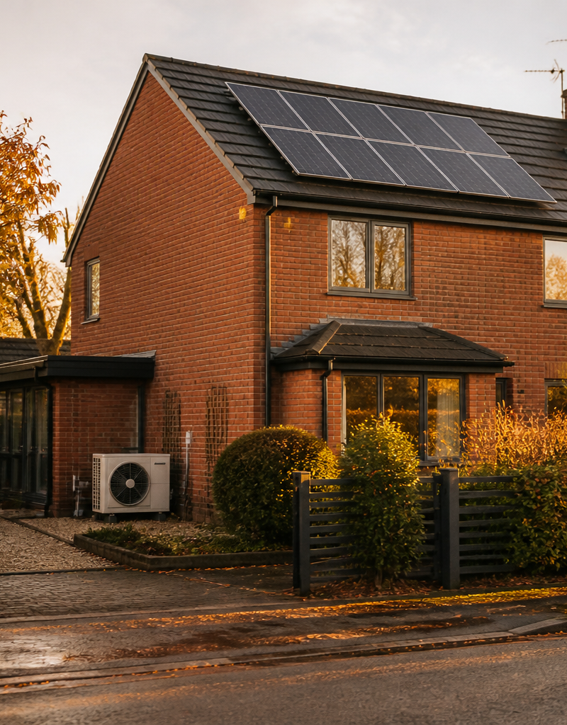 Rooftop solar panels and an air source heat pump installed on a modern British suburban home.