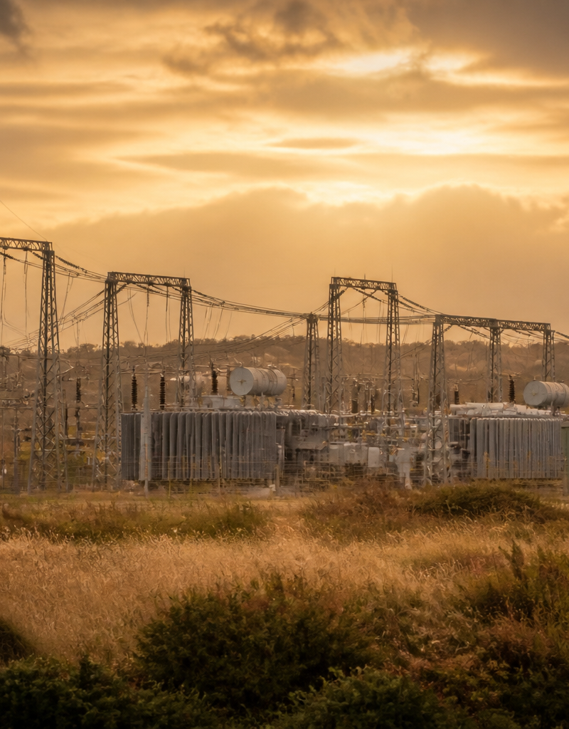 An electrical sub-station and power pylons in the UK countryside under a grey sky.