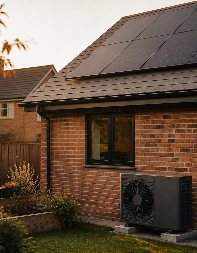 Rooftop solar panels and an outdoor air source heat pump installed at a modern British house.
