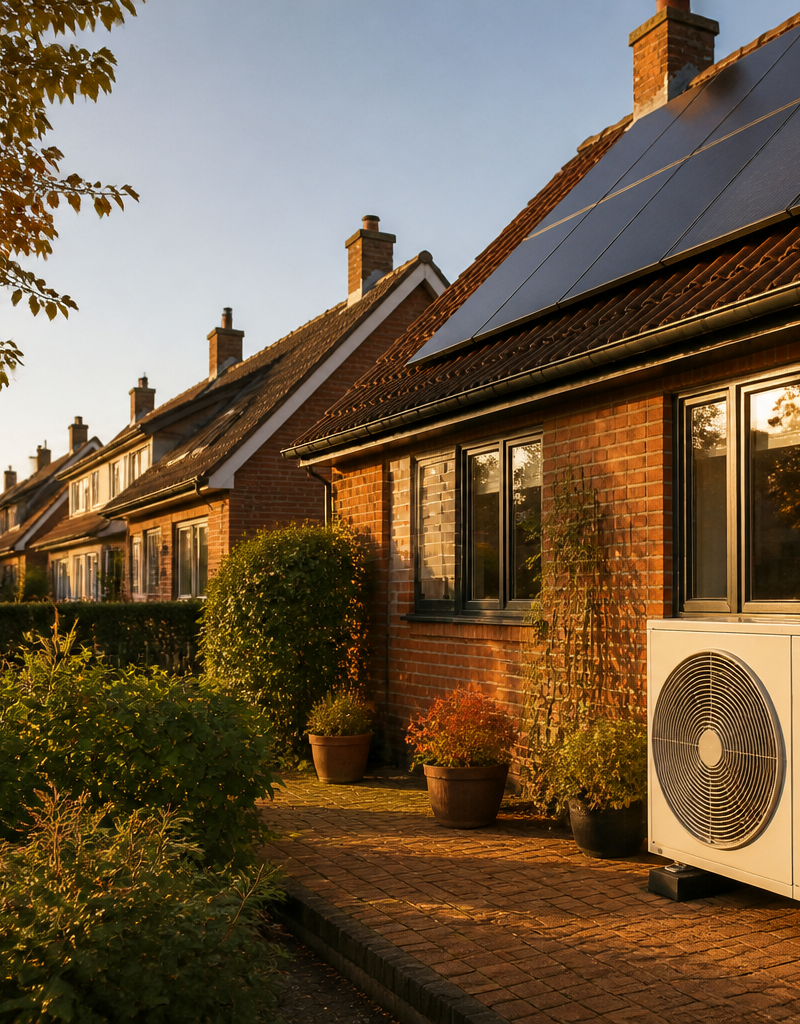 Solar panels on a UK suburban roof with a heat pump unit beside the house.