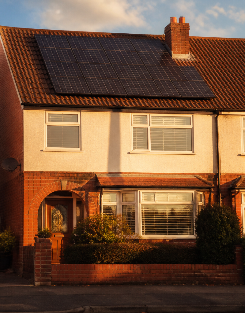 British home featuring roof-mounted solar panels under a blue sky.