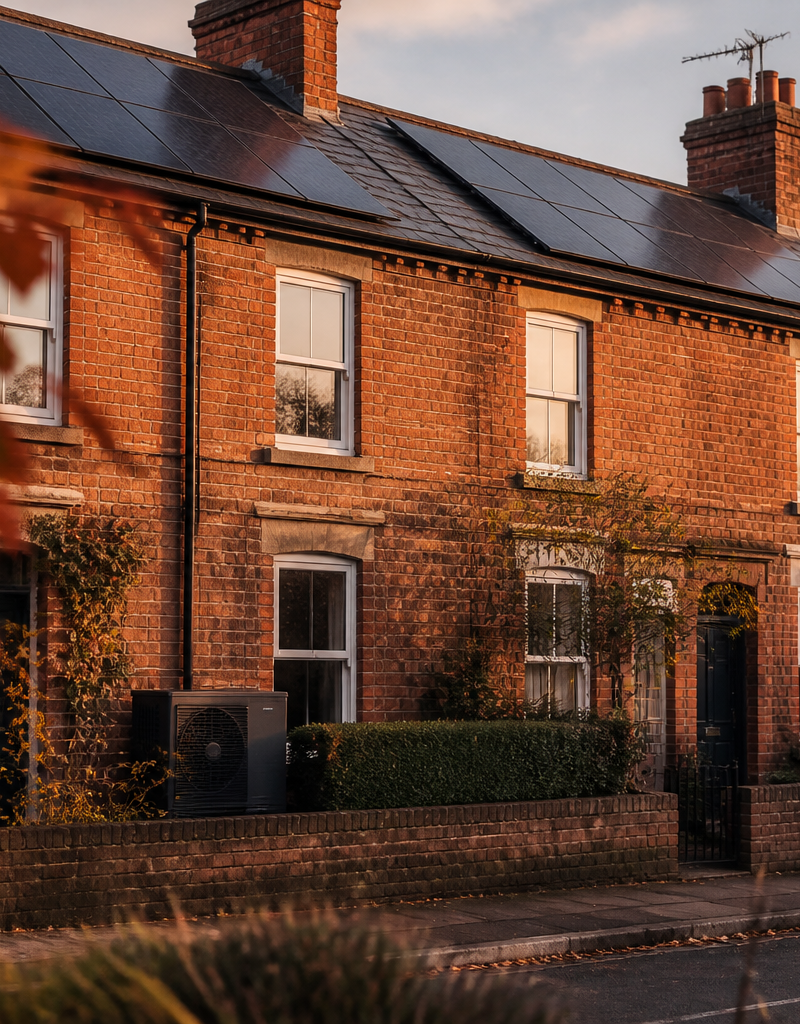 UK terraced houses featuring roof solar panels and an outdoor heat pump unit under clear sky.