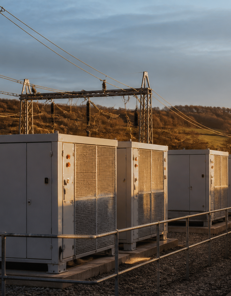 Large battery storage units situated at a UK energy site under a light cloudy sky