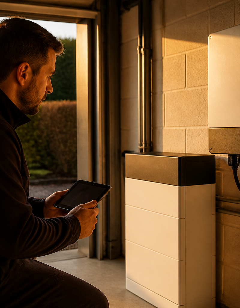 Electrician inspecting a home battery storage system and solar inverter in a UK house garage.