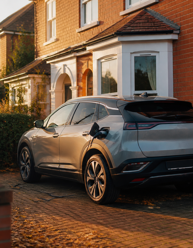 An electric vehicle charging at a wall-mounted home charger outside a British semi-detached house.