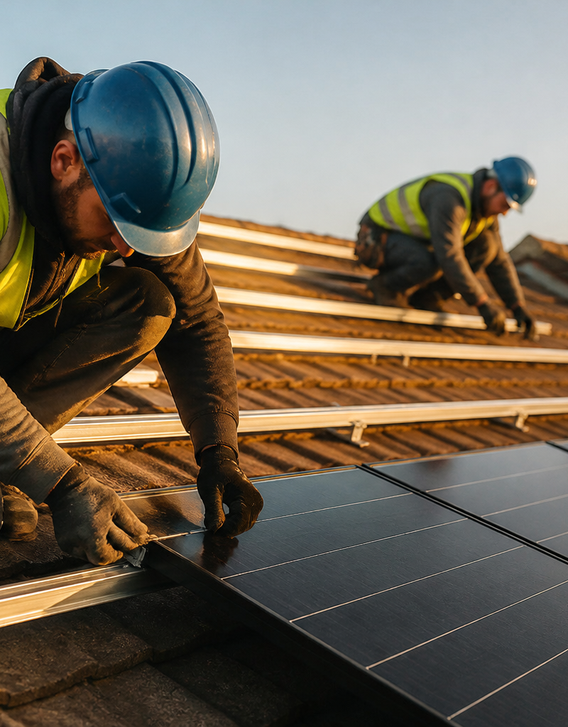 Installers fitting solar panel mounting rails on a tiled British roof.