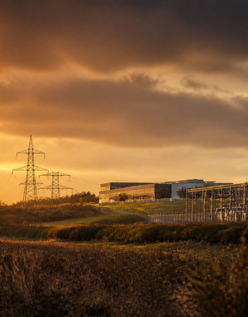 Electrical grid pylons and sub-station infrastructure in the British countryside near a modern commercial building