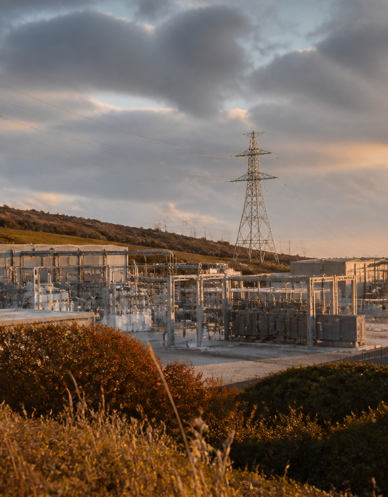 Subsea interconnector electricity station on the British coastline under an autumn sky.