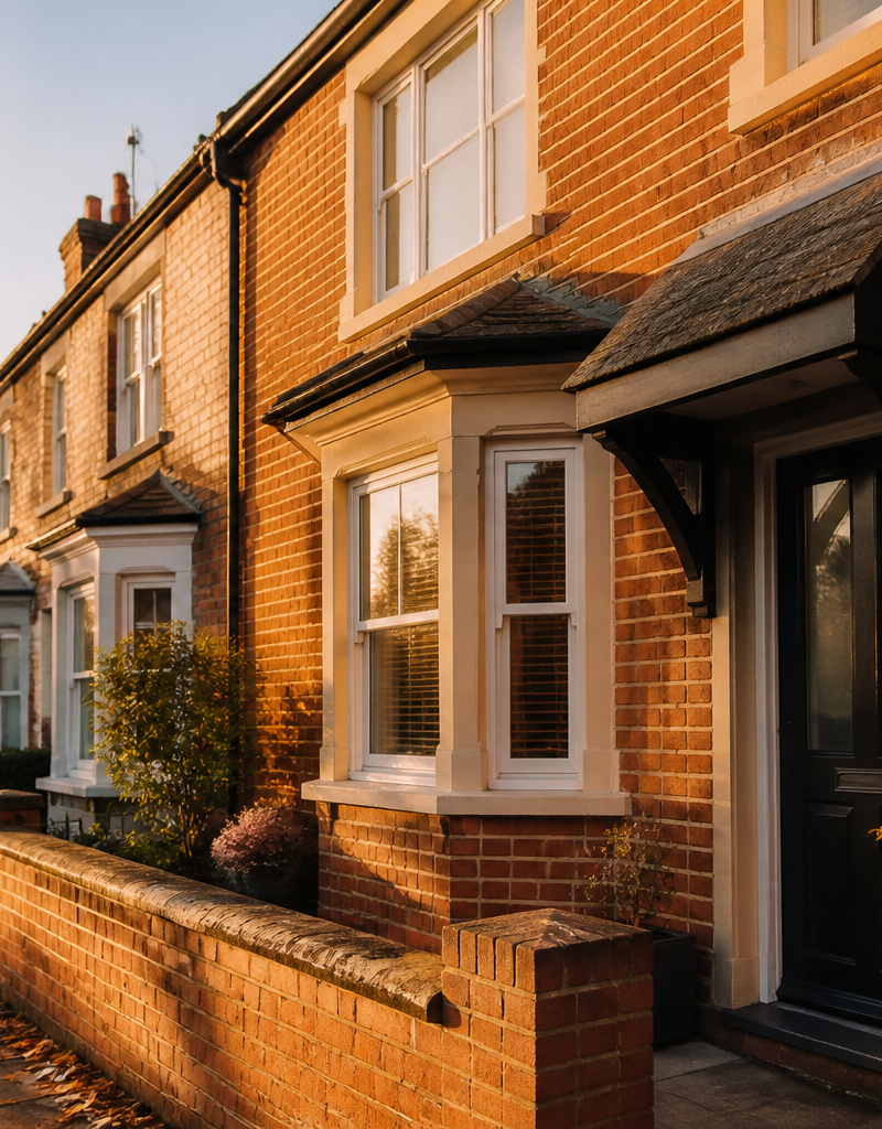 Exterior view of a traditional brick terraced house in England.