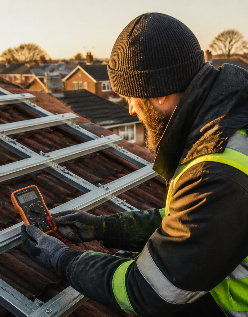 Solar panel installer checking wiring on a residential roof in winter