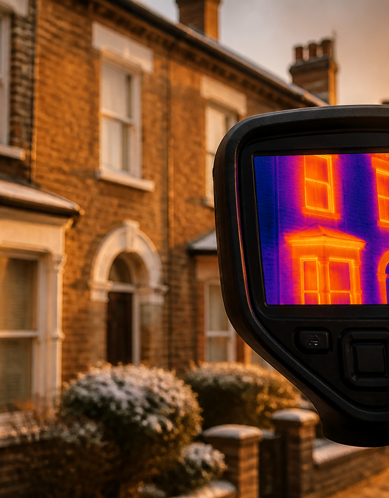 Thermal imaging camera scan showing heat loss around window reveals on a British brick house.