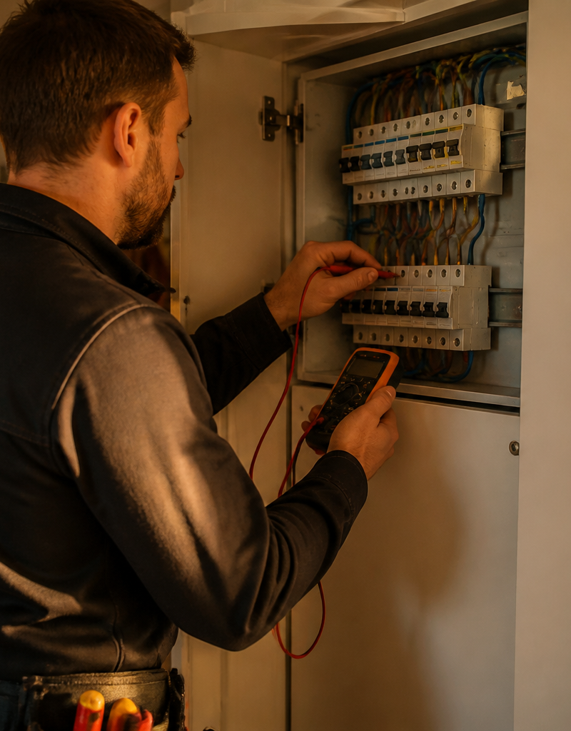 An electrician inspecting a modern domestic consumer unit in a UK home.