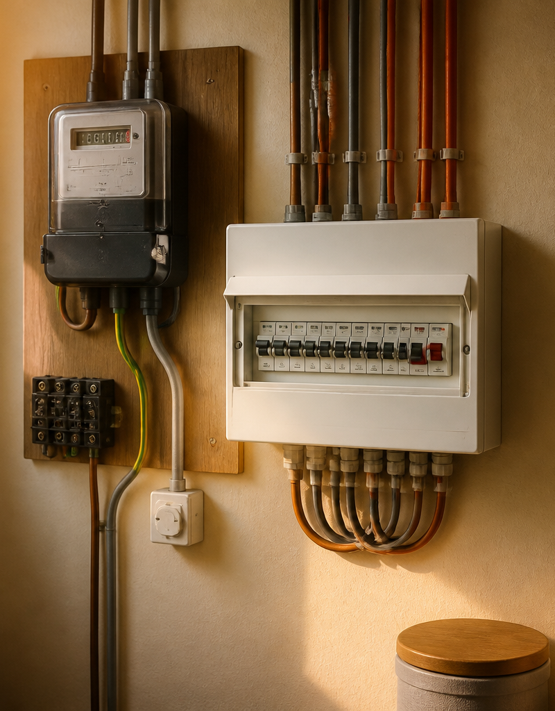 Modern metal-clad electrical consumer unit with circuit breakers installed on a domestic utility room wall.