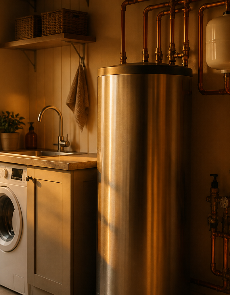 A stainless steel unvented hot water cylinder installed in a clean UK home utility room.