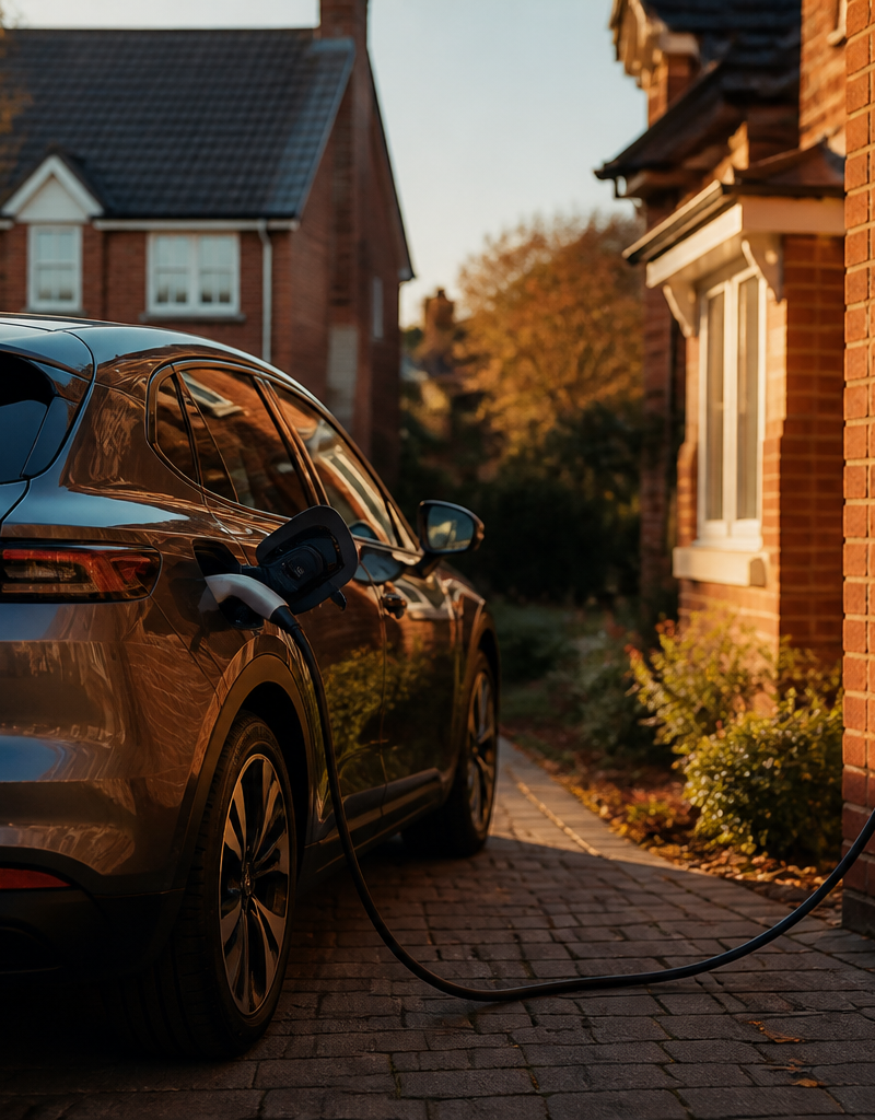 Electric vehicle charging at a modern British home driveway with a wall-mounted charge point