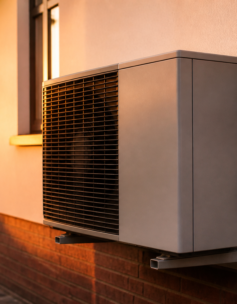An air source heat pump outdoor unit with an external temperature sensor mounted on a UK home wall.