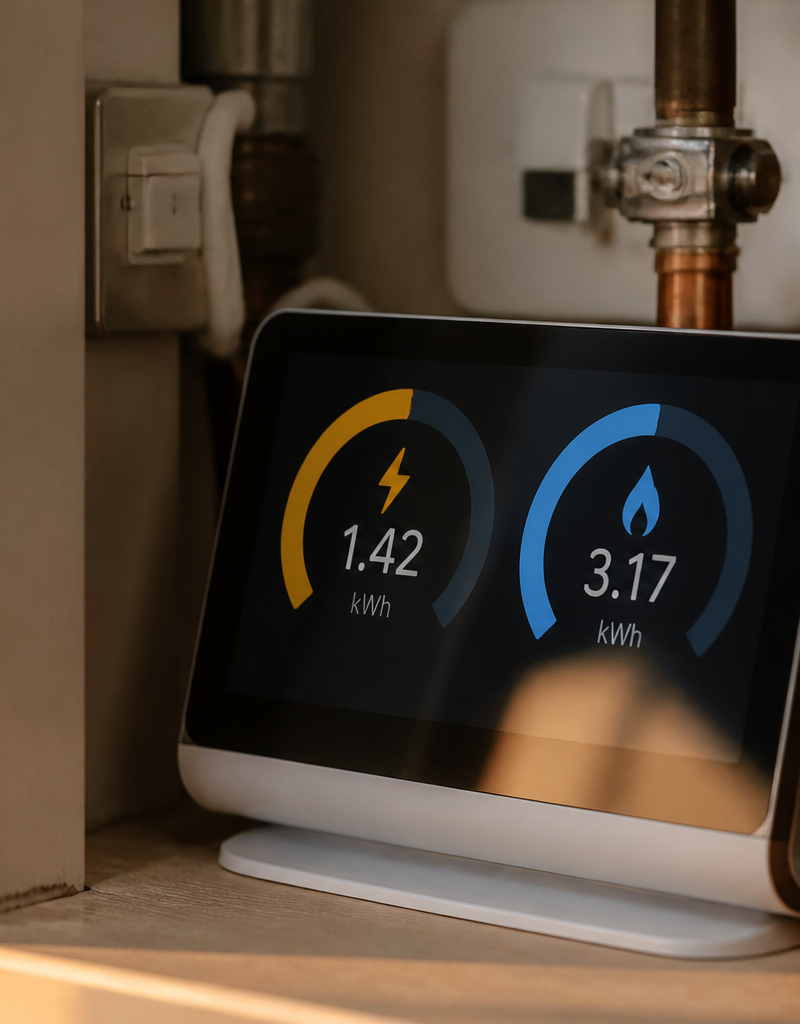 A modern digital UK smart meter displaying energy usage inside a domestic utility cupboard.